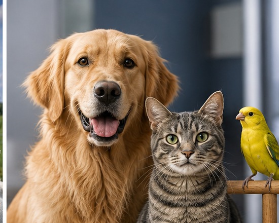 Cachorro, gato e passarinho de companhia
